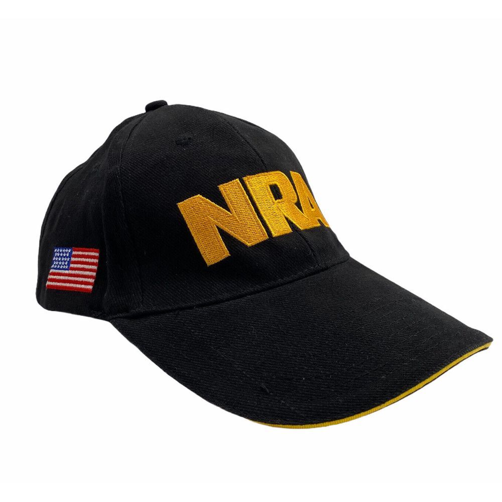 N R A NRA Cap Black-Yellow Letters With Flag on Side - Hook & Loop Back Fit All